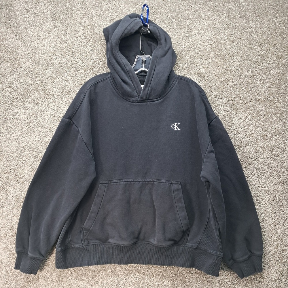 Calvin Klein Womens Relaxed Fit Logo Hoodie Black Fleece Pullover Medium 5367